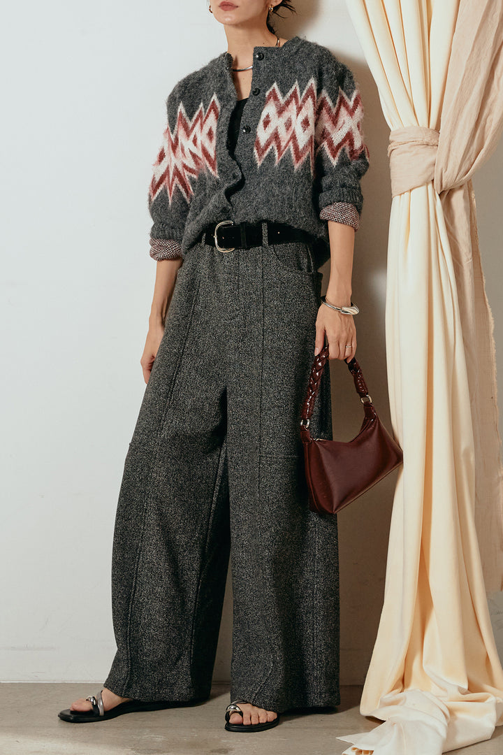 [SET]起毛ノルディック柄ニットカーディガン+太ベルト付きツイードワイドパンツ(2set)