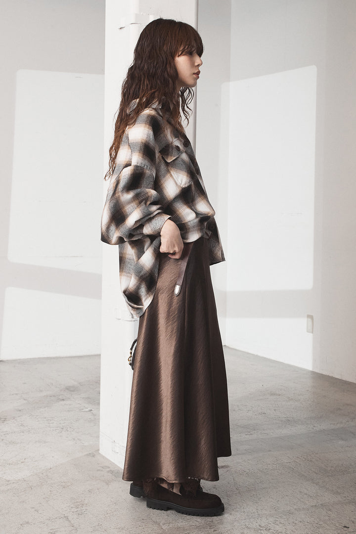 [SET]オンブレーチェックビッグシルエットCPOシャツ+裾レースデザインサテンスカート(2set)