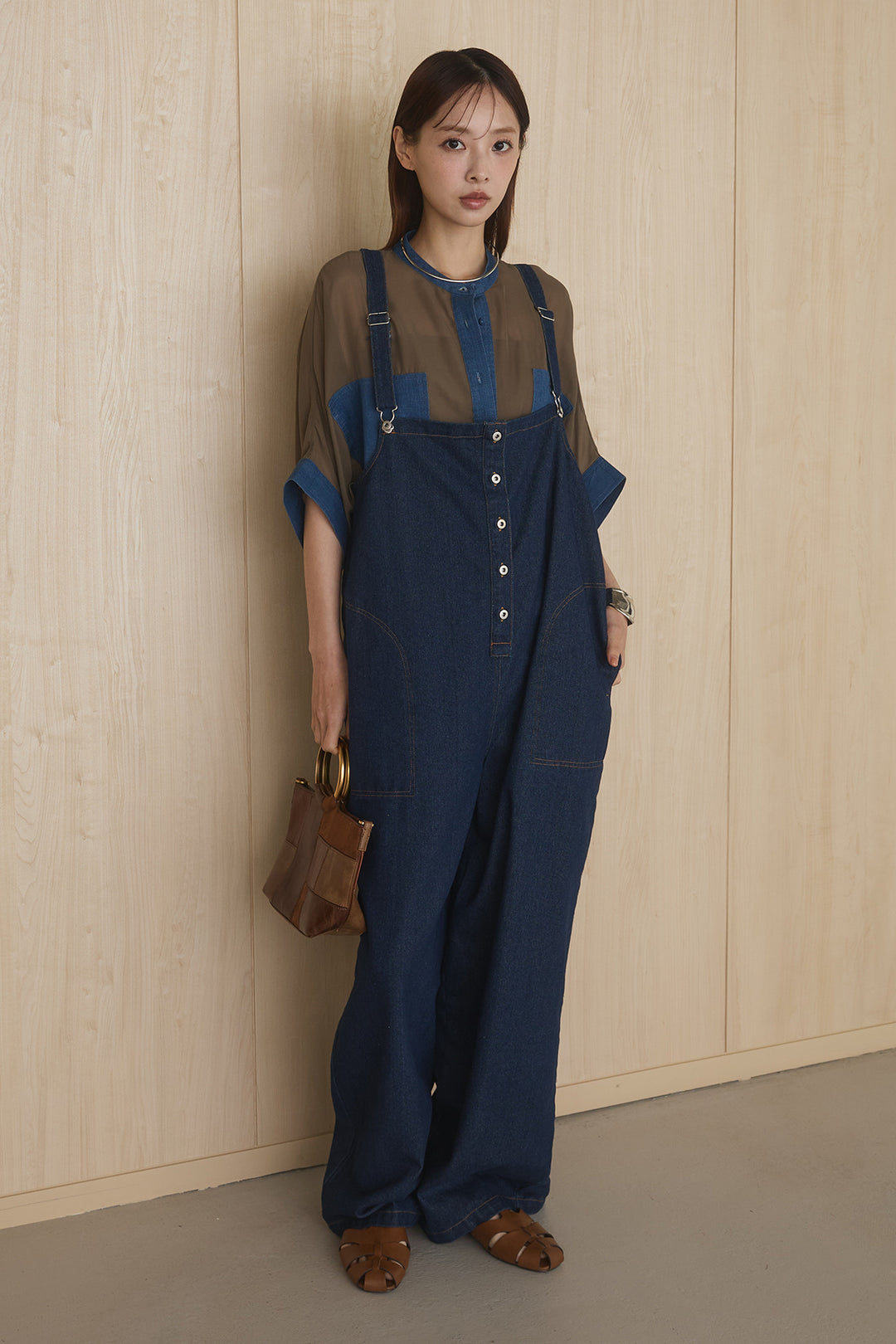 [SET]デニムライクビッグツーポケシアーシャツ+フロントボタンデニムサロペット(2set)