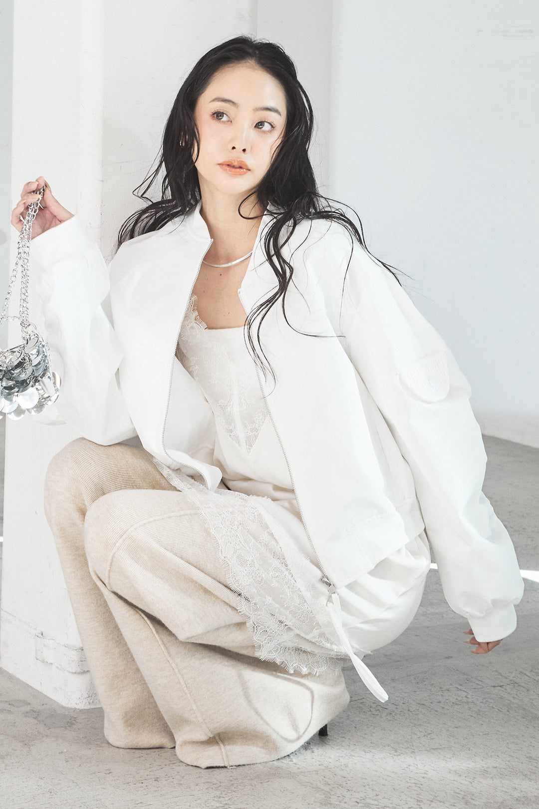 [SET]袖ギャザーデザインブルゾン+センターラインニットパンツ(2set)