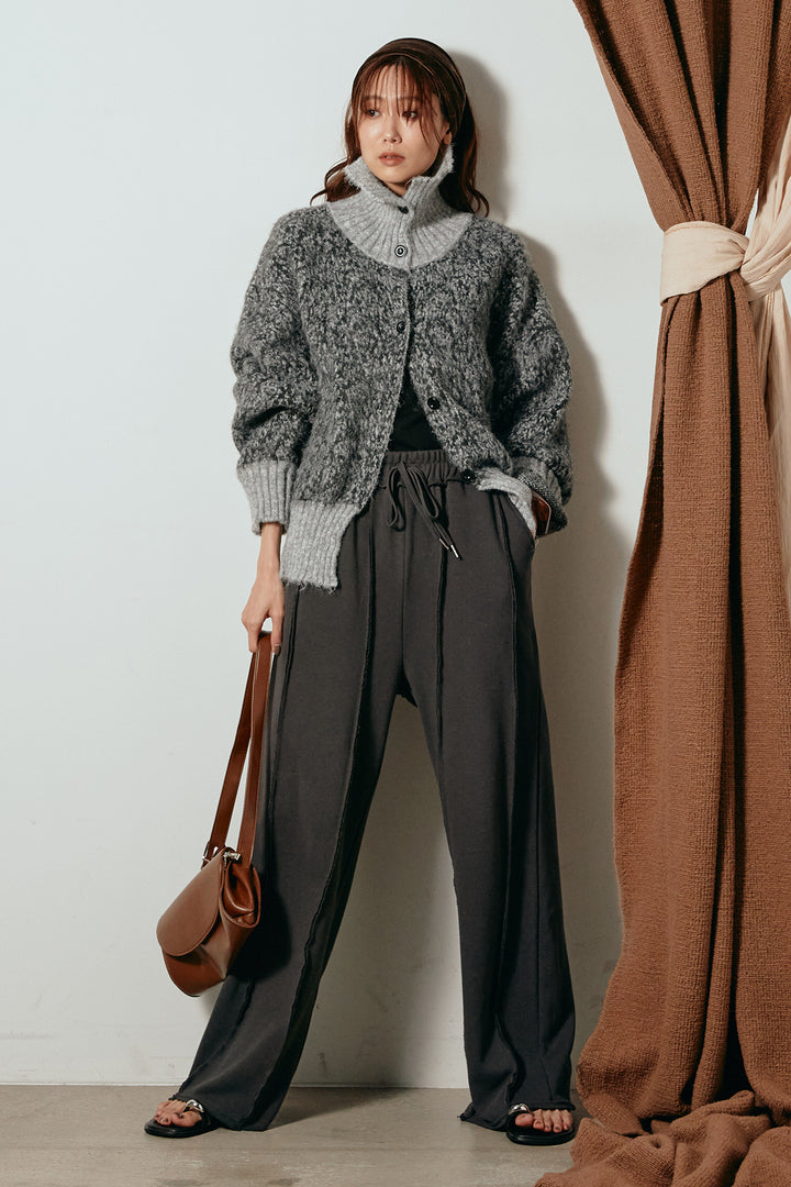 [SET]ハイネックミックスニットトップス+フロントラインデザインワイドスウェットパンツ(2set)
