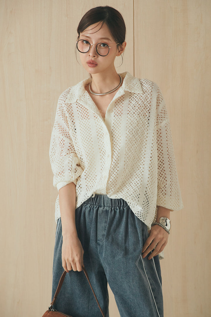[SET]長袖襟付きレースシャツ+ドロストサイドラインデニムパンツ(2set)