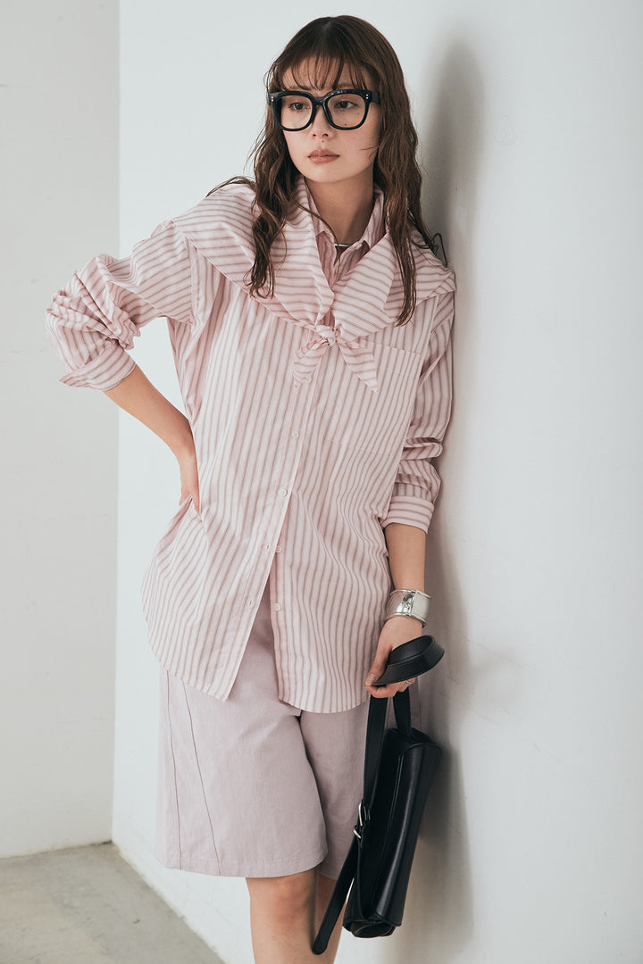 [SET]ランダムストライプスカーフ付きシャツ+デニムハーフパンツ(2set)