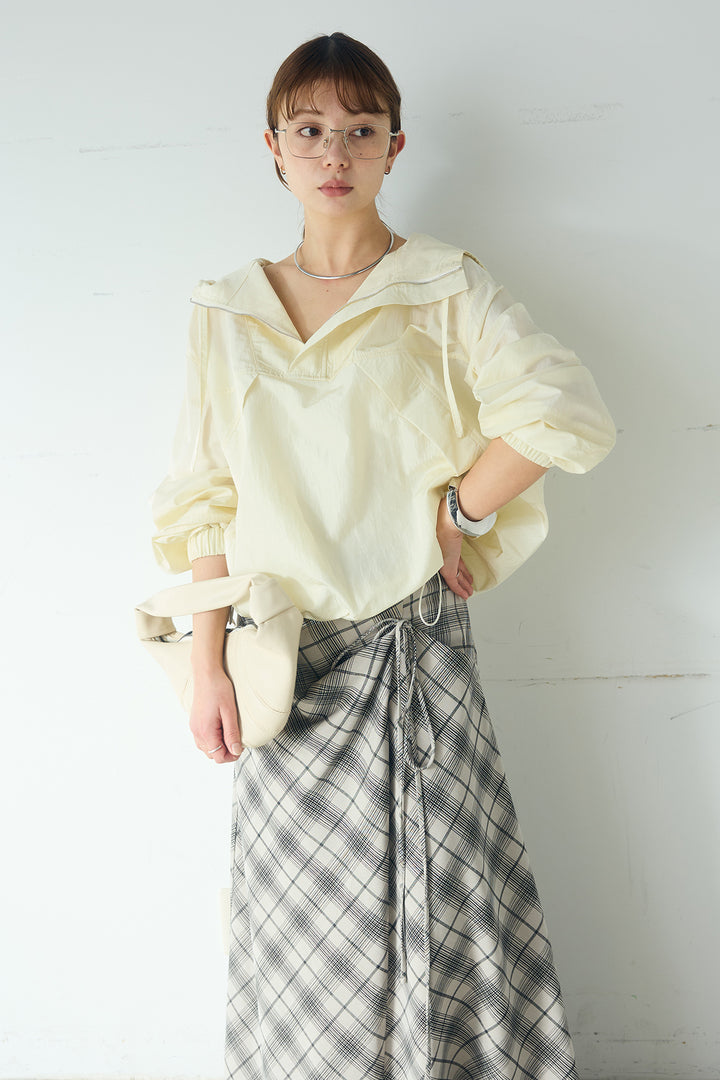 [SET]ナイロンフーディーブルゾンアウター+タータンチェック柄フロントデザインスカート(2set)