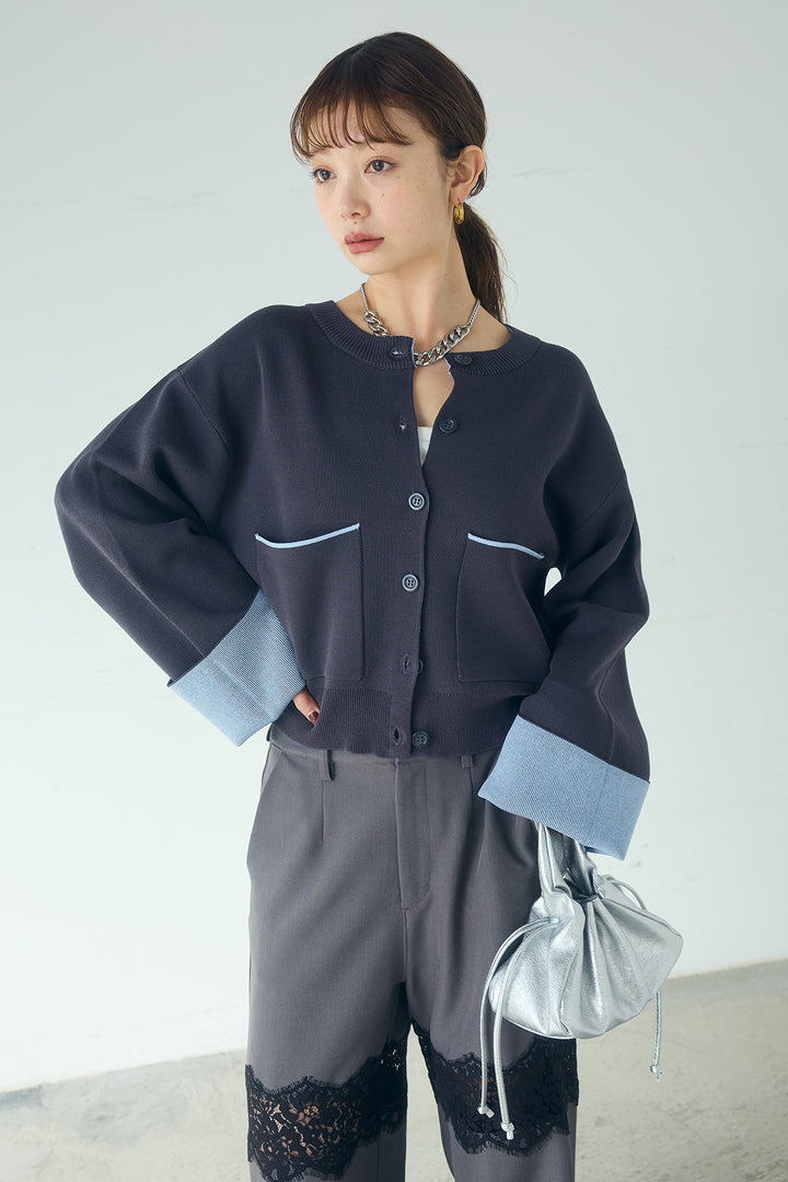 [SET]レーヨンポリダブルフェイスカーディガン+レース刺繍切替ワイドパンツ(2set)