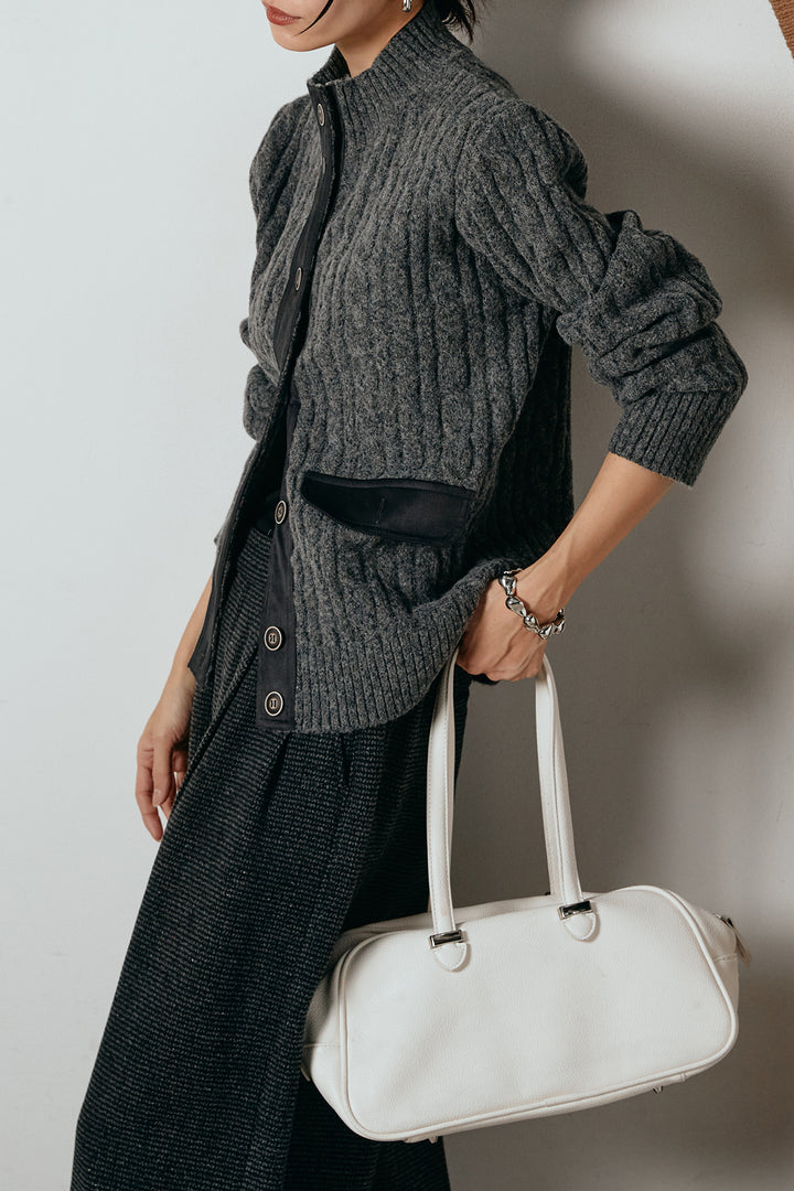 [SET]ボトルネックケーブルニットカーディガン+起毛タック入りツイードワイドパンツ(2set)