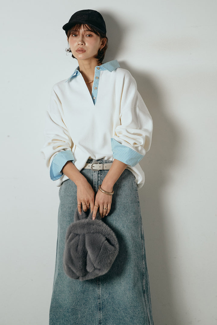 [SET]ストライプシャツドッキングポロトップス+デニムロングフレアスカート(2set)