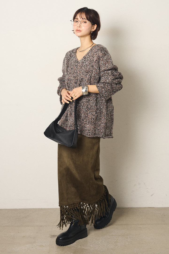 [SET]Vネックミックス編みニットトップス+スウェードライク裾フリンジスカート(2set)