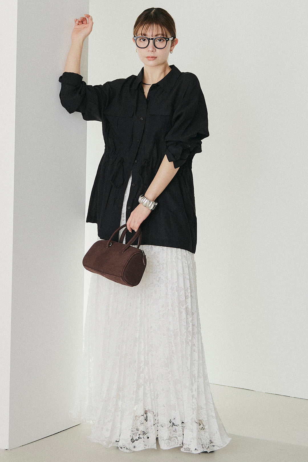 [SET]リネンブレンドシアーサファリシャツ+リラックスプリーツスカート(2set)