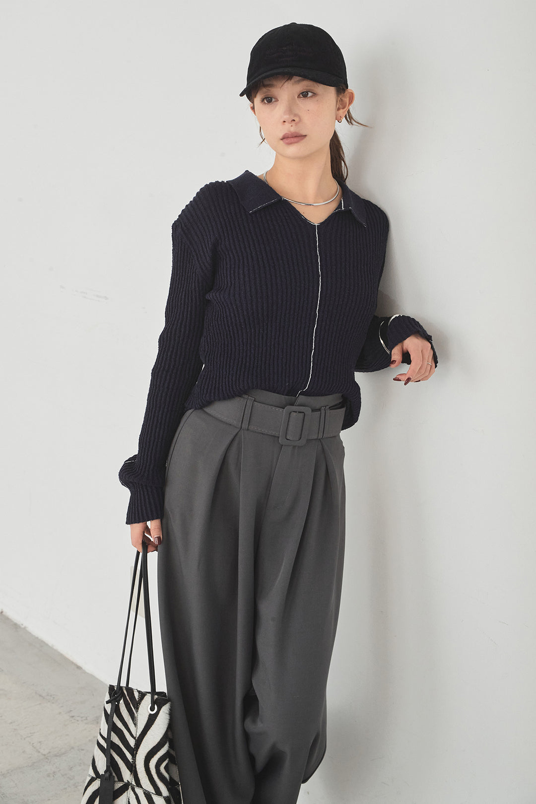 [SET]衿付きニットプルオーバー+ベルト付きツータックワイドパンツ(2set)