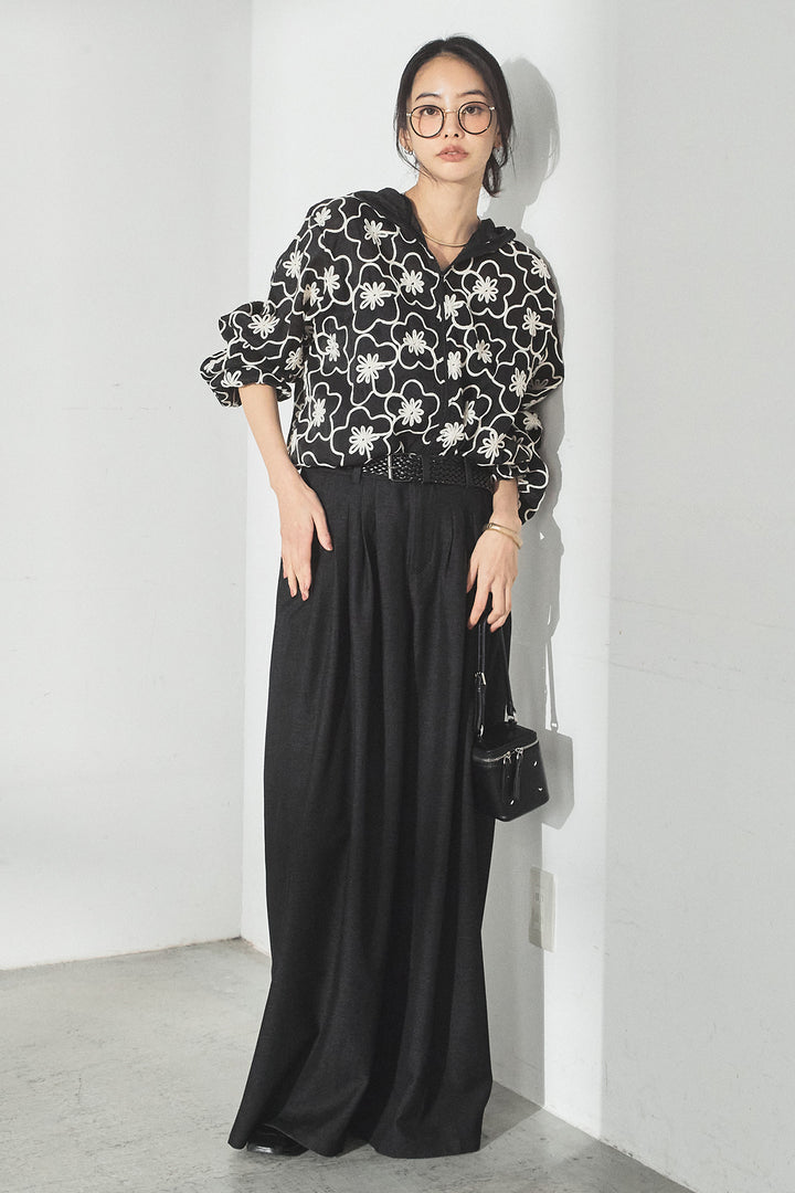 [SET]シアーフラワーフードブルゾン+編みベルト付きウエストタックワイドパンツ(2set)