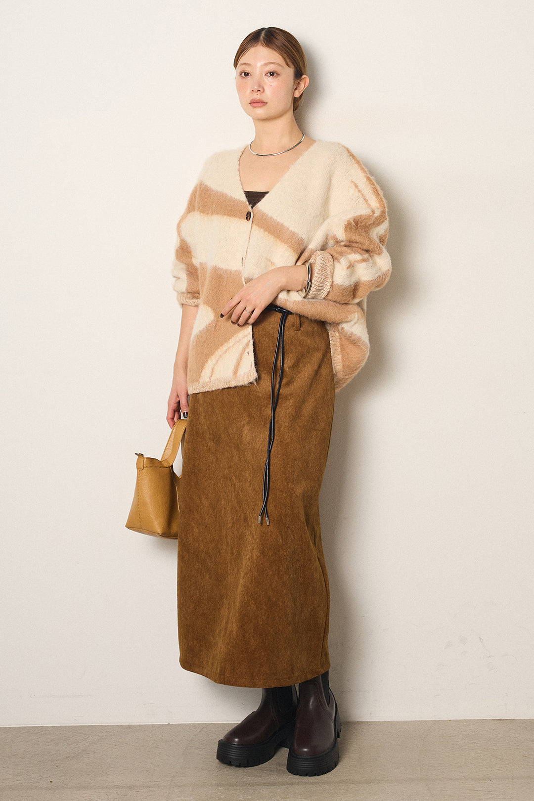 [SET]アクセントブラッシュドカーディガン+ロープベルト付きスウェード調スカート(2set)