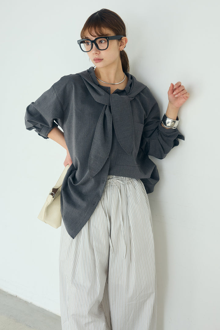 [SET]無地タイ付フーディーBIGシャツ+ランダムストライプタックギャザーパンツ(2set)