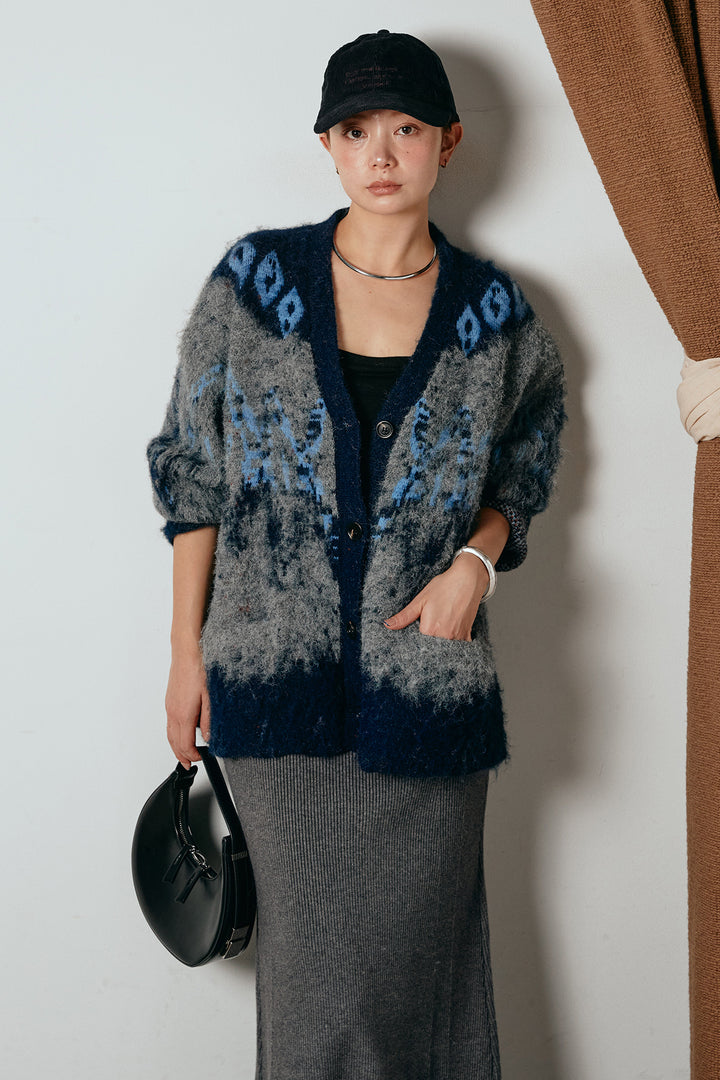 [SET]シャギーニュアンス柄ニットカーディガン+リブナローニットスカート(2set)