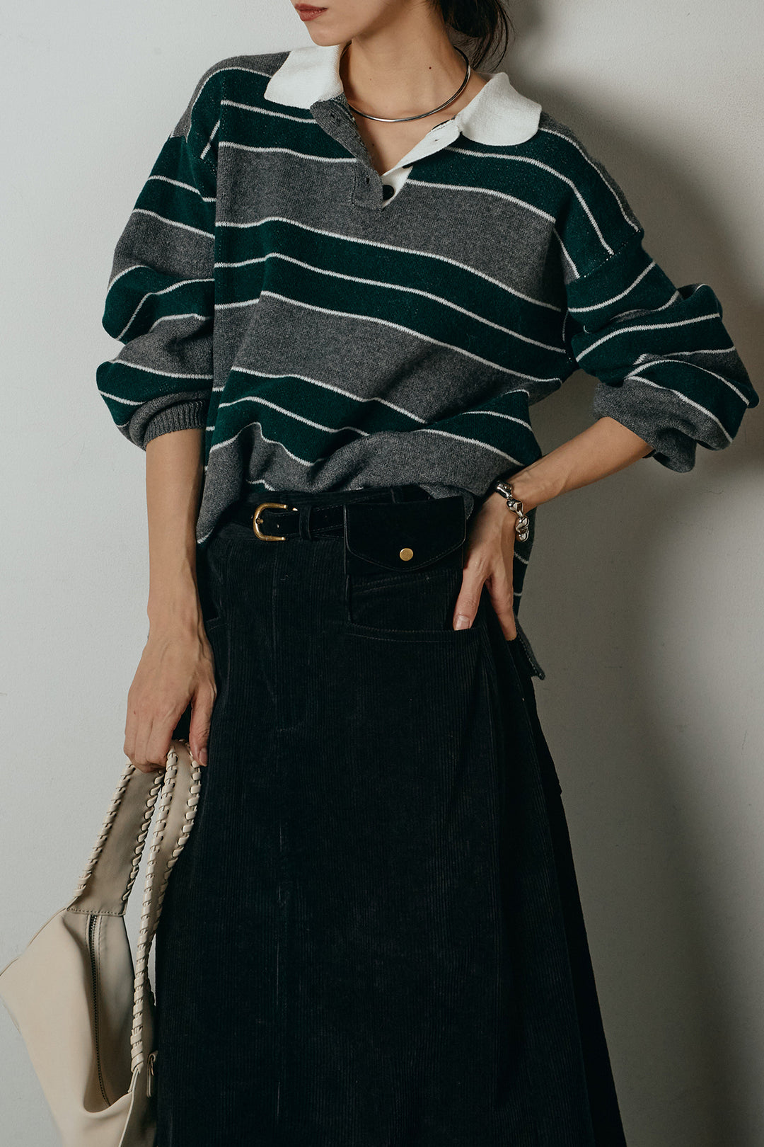[SET]ラガーニットボーダーポロプルオーバー+ポーチベルト付きコーデュロイワイドスカート(2set)