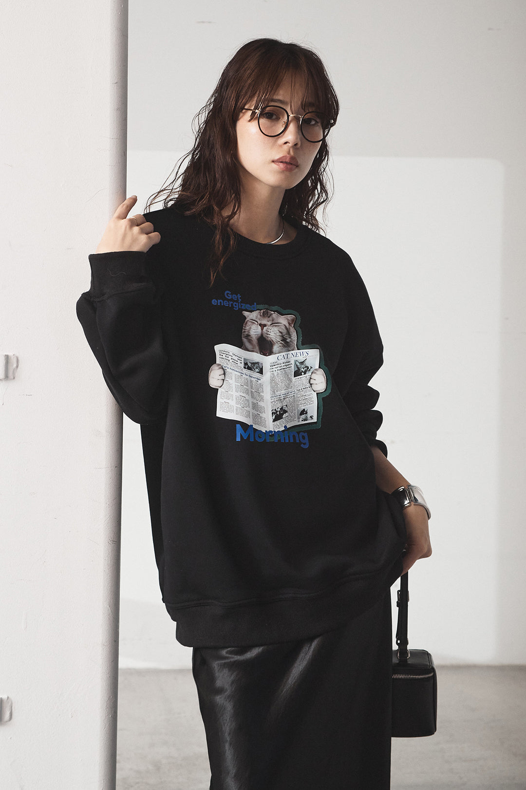 [SET]裏起毛モーニングキャットプリントスウェット+裾レースデザインサテンスカート(2set)