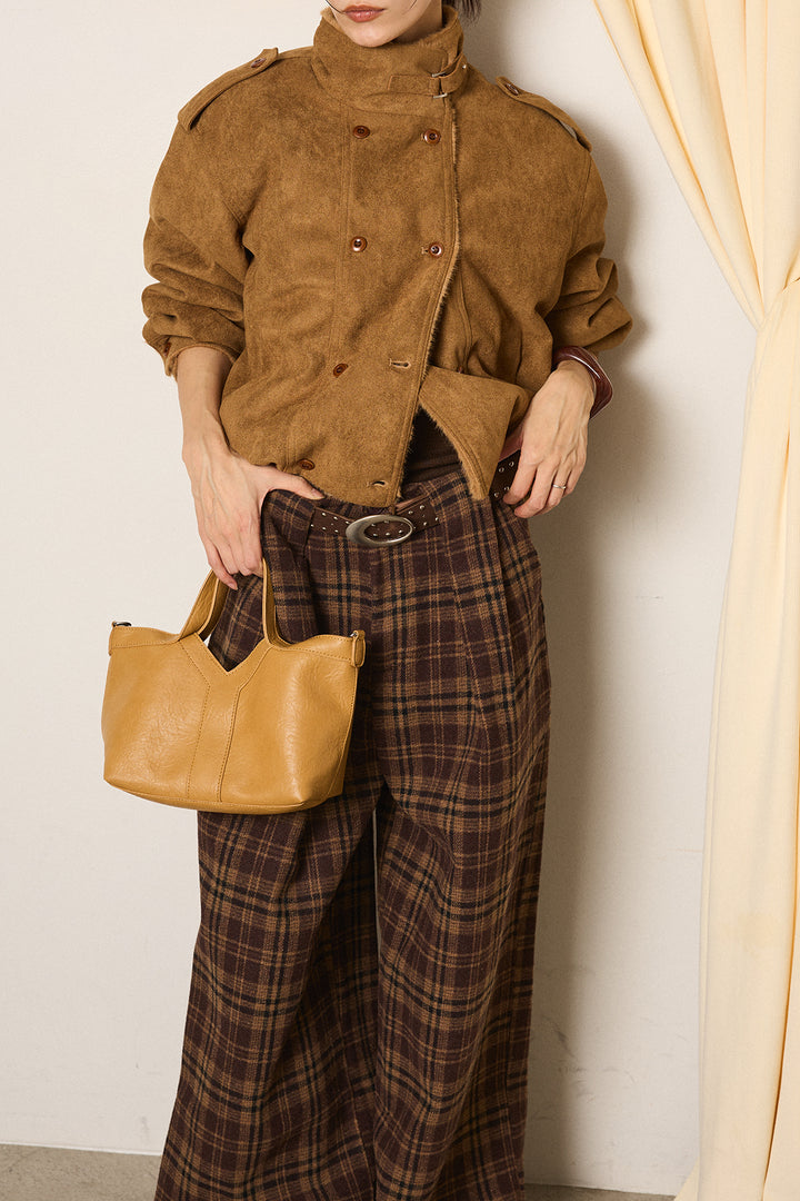 [SET]スタンド襟スウェードライクアウター+スタッズデザインベルトタータンチェックパンツ(2set)