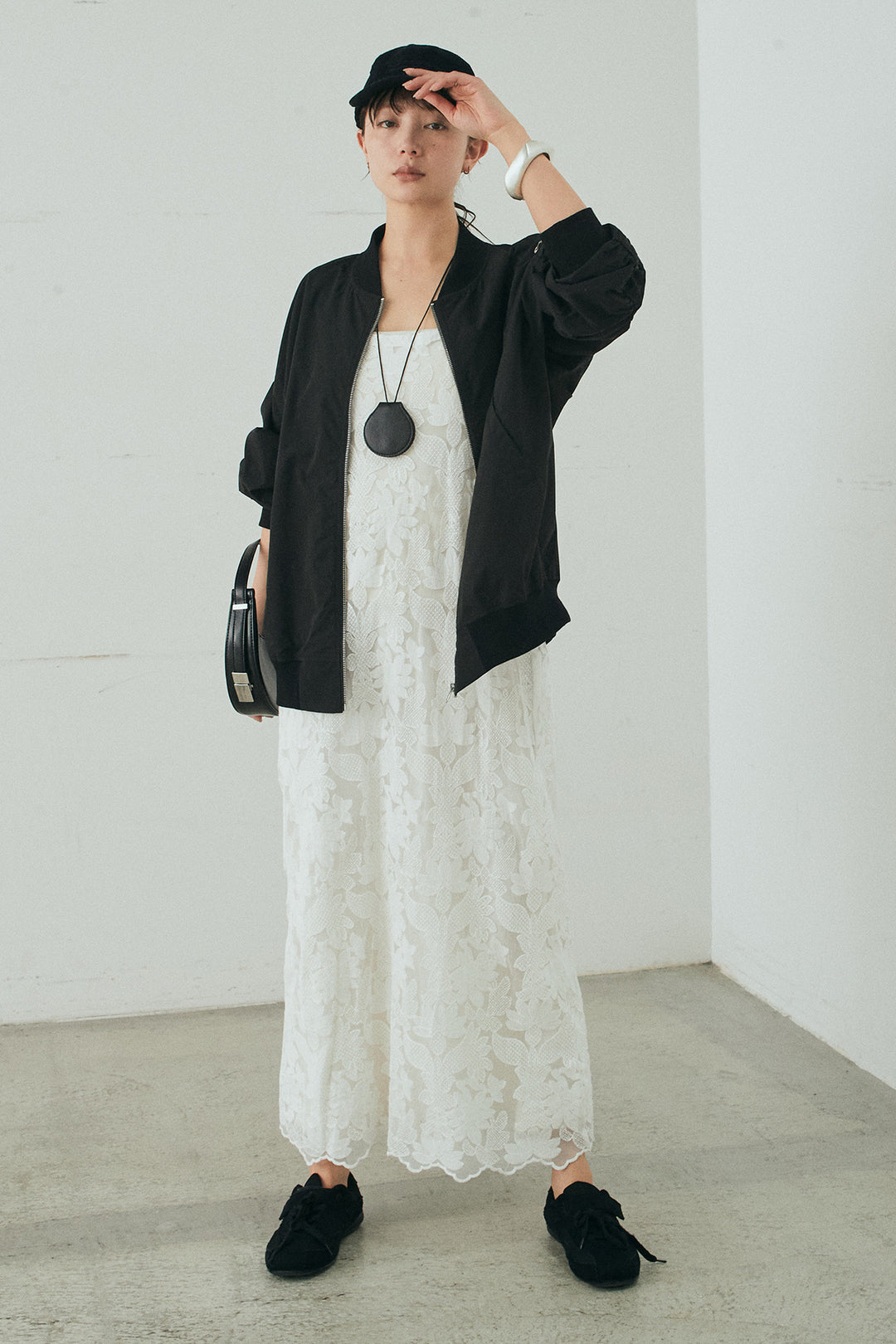 [SET]袖シャーリングオーバーサイズMA1+総レースキャミワンピース(2set)