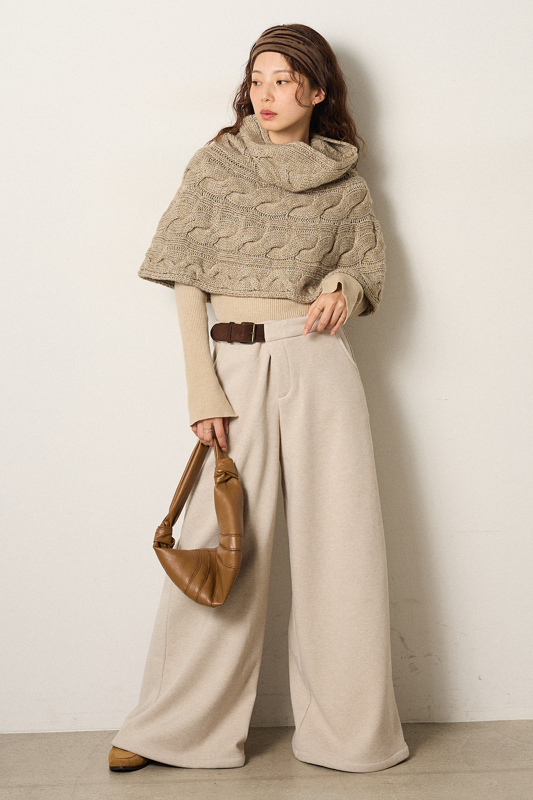 [SET]ケーブル編みケープレイヤードニット+サイドベルトパンツ(2set)