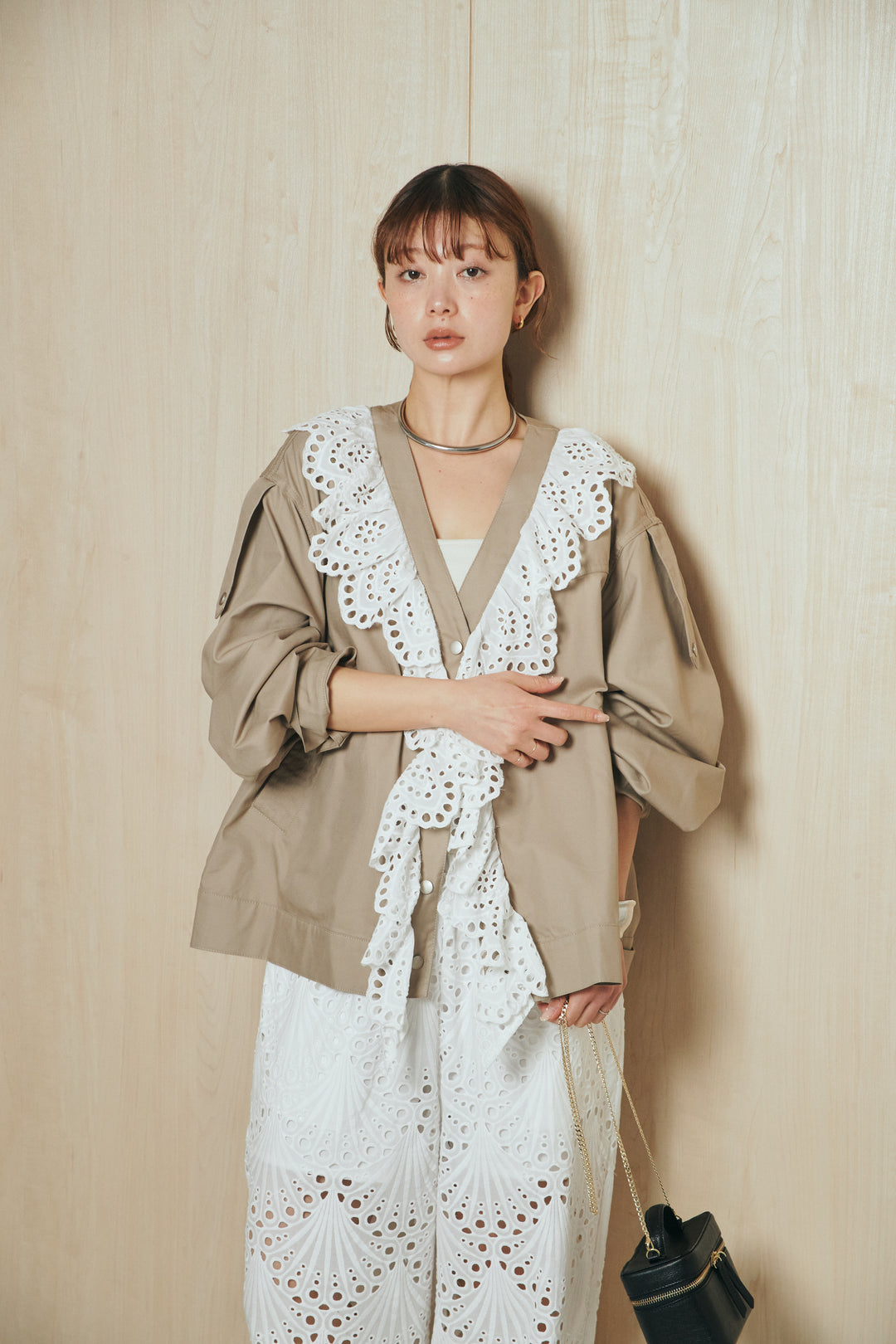 [SET]レースフリルドッキングアウター+レース刺繍リラックスパンツ(2set)