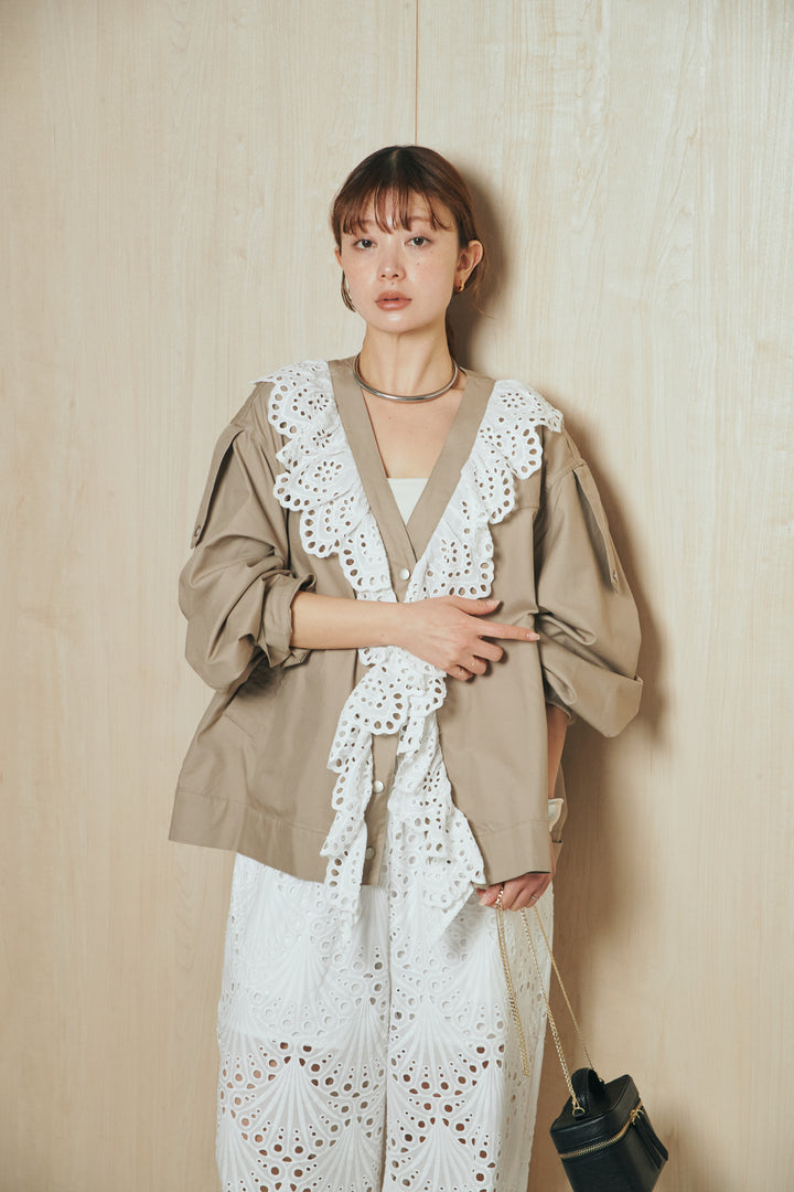 [SET]レースフリルドッキングアウター+レース刺繍リラックスパンツ(2set)