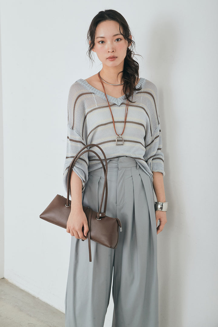 [SET]綿タッチVネックボーダートップス+ウォッシャブルエコレザータックパンツ(2set)