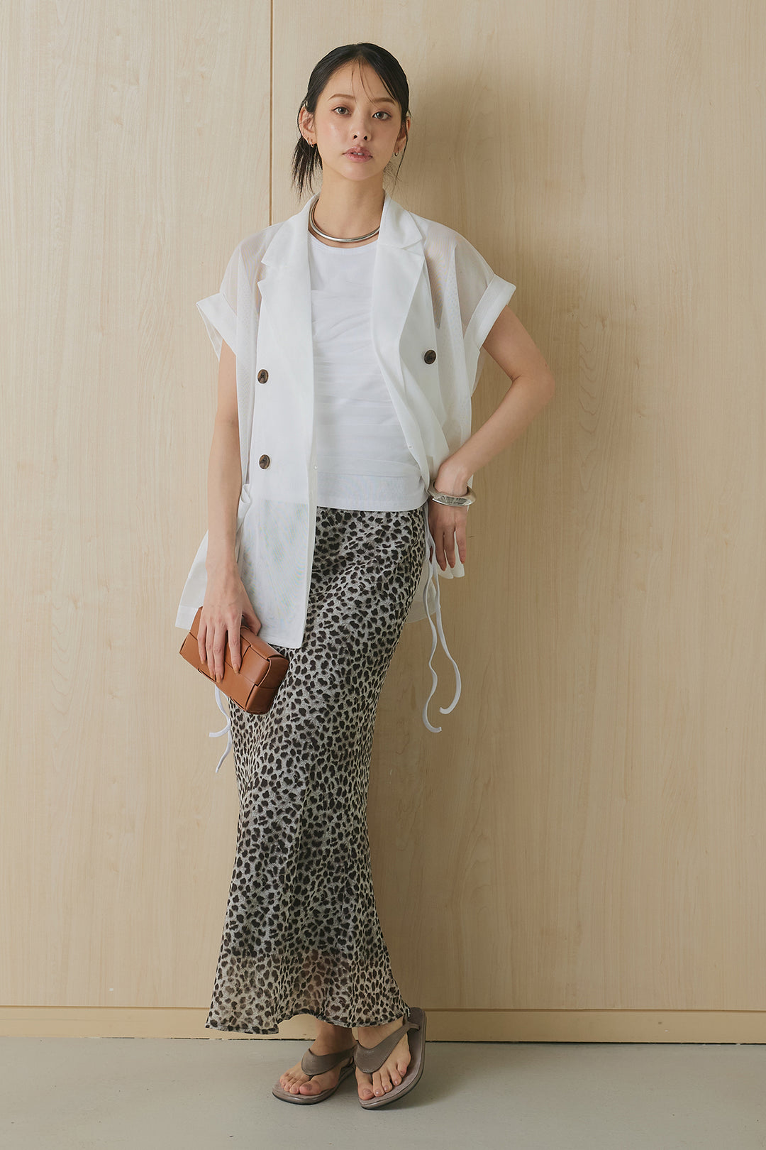 [SET]メッシュフレンチテーラードジャケット+リラックスレオパードナロースカート+シアードッキングサイド絞りトップス(3set)
