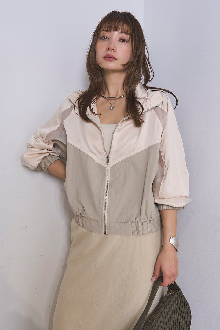 [SET]異素材切替ZIPブルゾン+リネンブレンドロングナロースカート(2set)