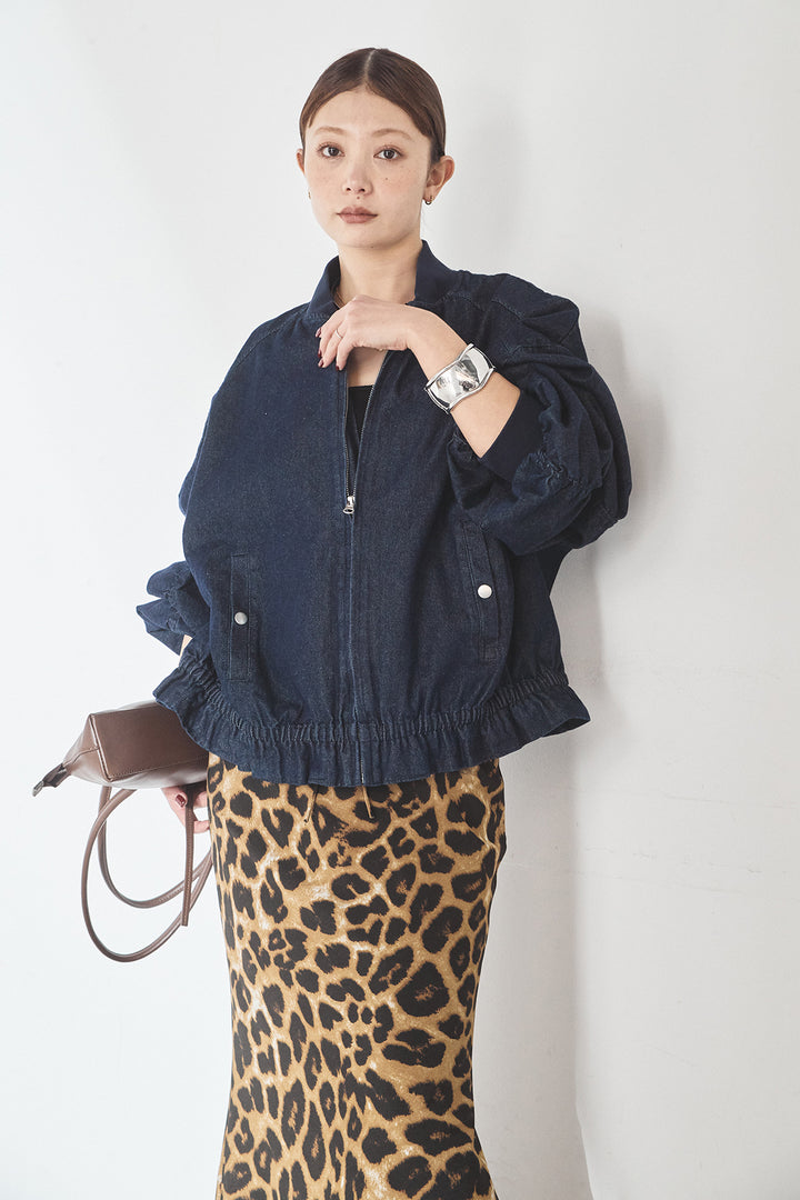 [SET]袖シャーリング裾フリルデニムブルゾン+レオパードサテンナロースカート(2set)