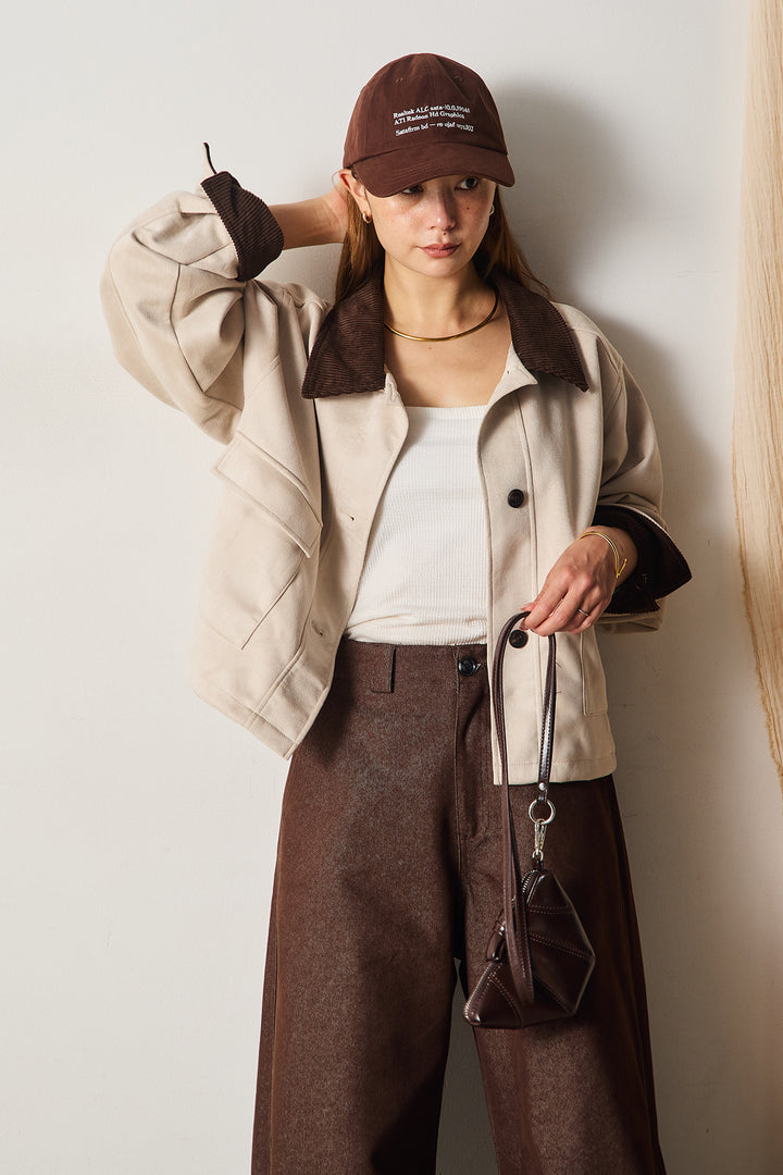 [SET]襟コーデュロイスウェードジャケット+デザインワイドデニムパンツ(2set)