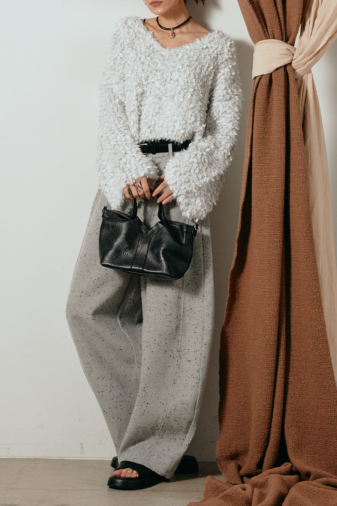 [SET]深Vネックチョウチョヤーンニットトップス+ベルト付きネップツイードカーブパンツ(2set)