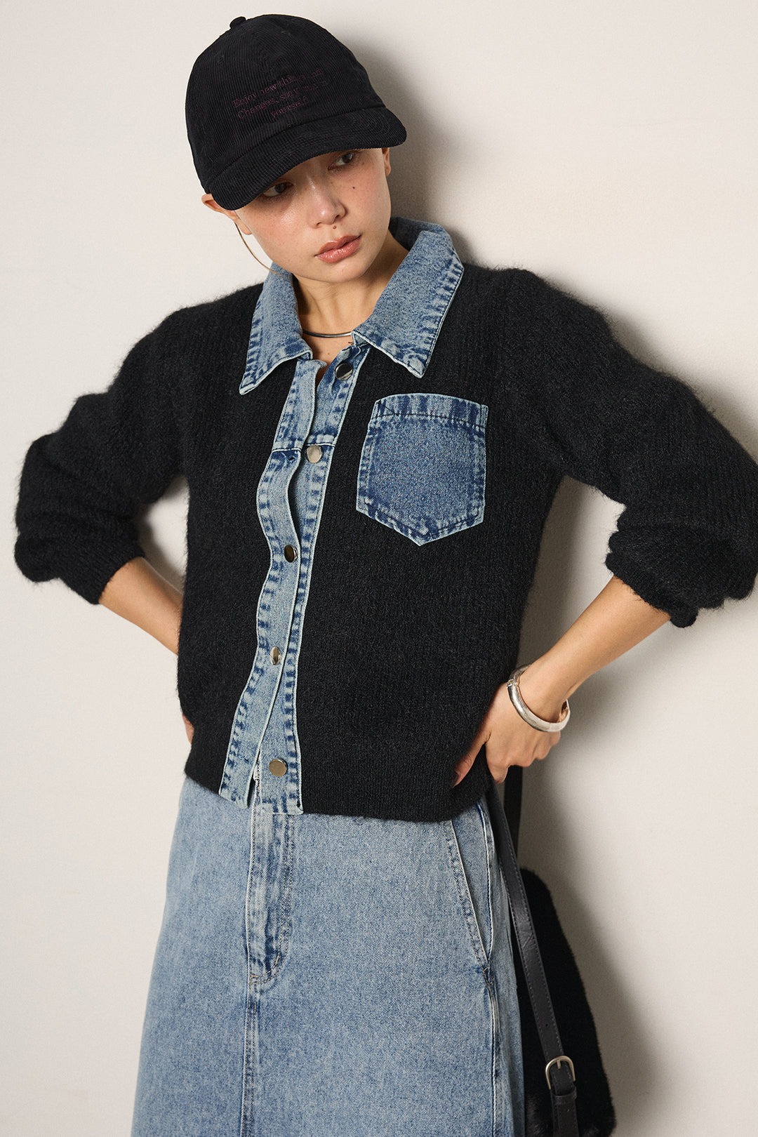 [SET]襟付きデニム切替ニットカーディガン+デニムロングフレアスカート(2set)