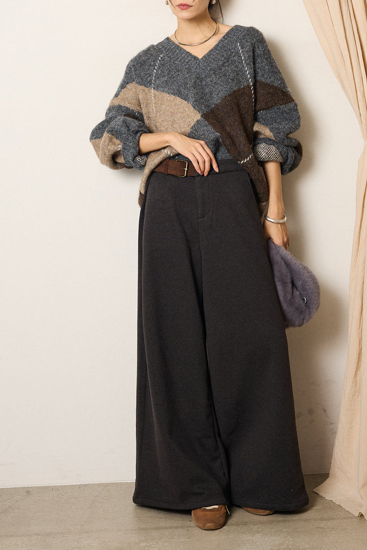 [SET]ルーズアーガイルVネックニット+サイドベルトパンツ(2set)
