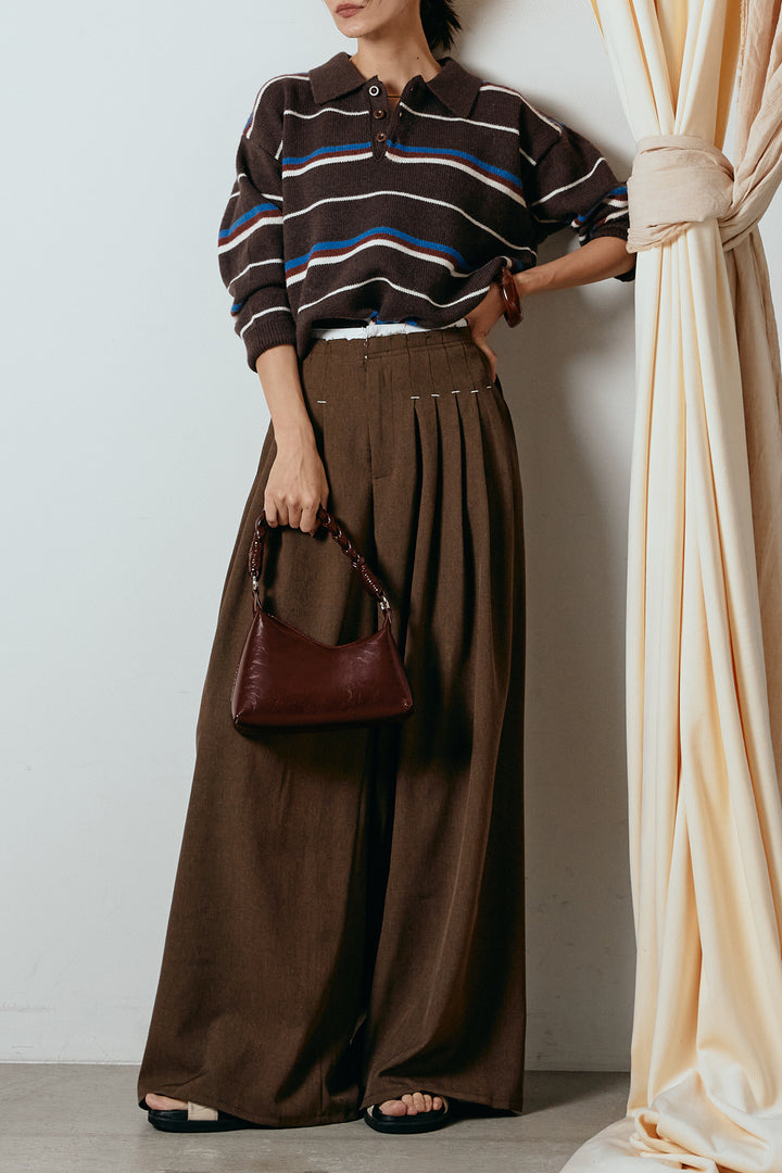 [SET]襟付きマルチボーダーニットポロトップス+ウエストステッチデザインワイドスラックス(2set)