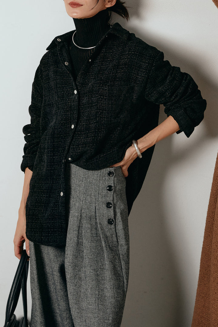 [SET]ルーズクラッシュツイルシャツ+サイドボタンツイードタックパンツ(2set)