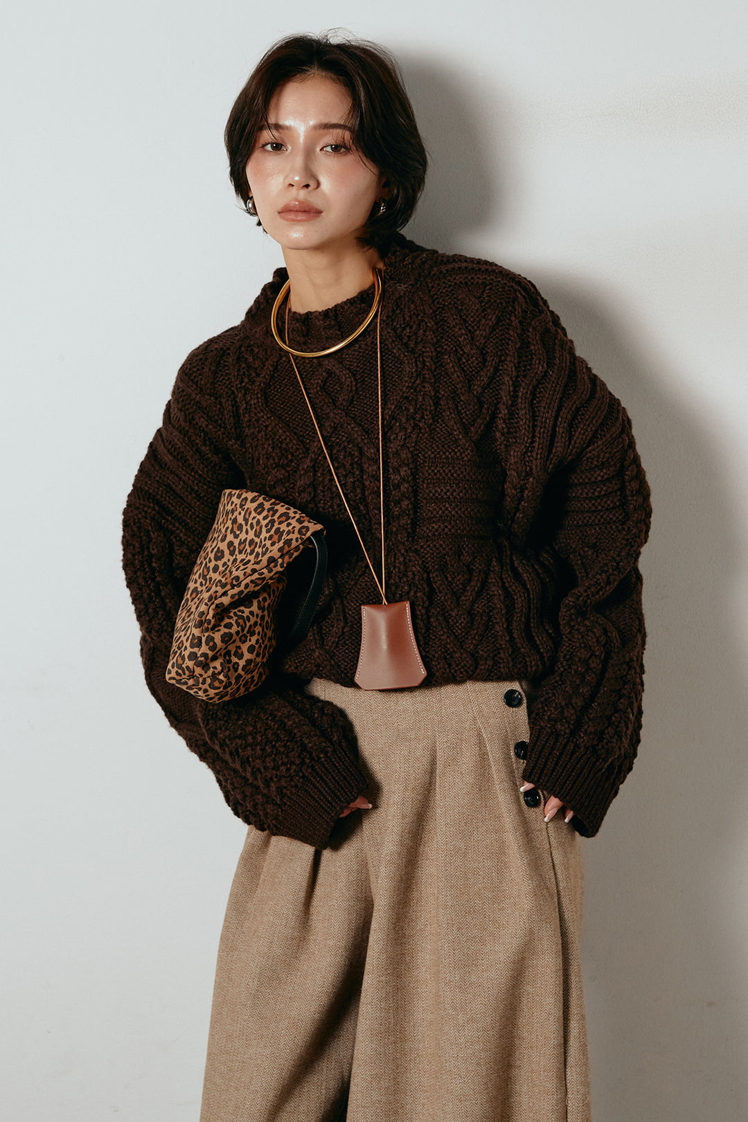 [SET]アラン柄ミックスケーブルニット+サイドボタンツイードタックパンツ(2set)