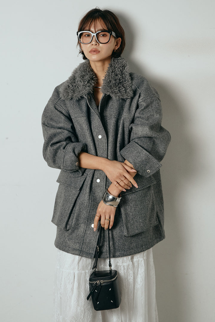 [SET]エコウール衿ファー薄中綿入りミドルカバーオール+ひげレース切替ロング丈スカート(2set)