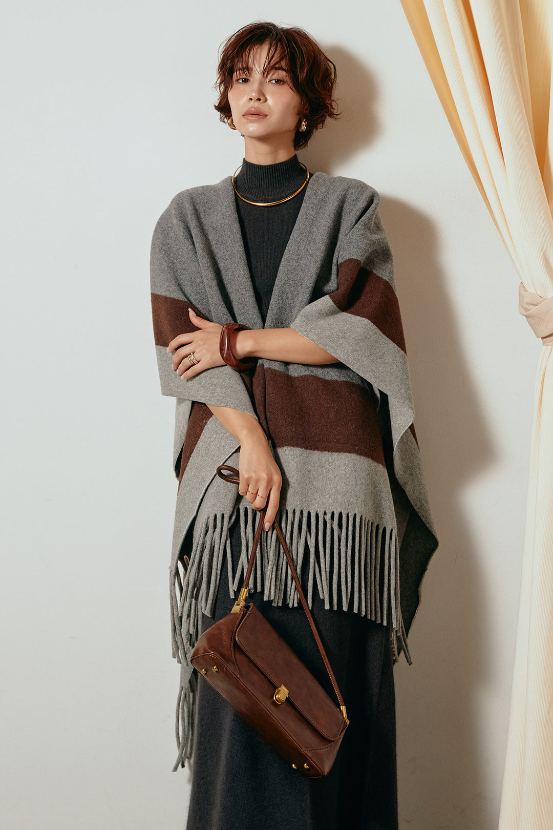 [SET]裾フリンジ柄ポンチョアウター+ノースリーブニットロングワンピース(2set)