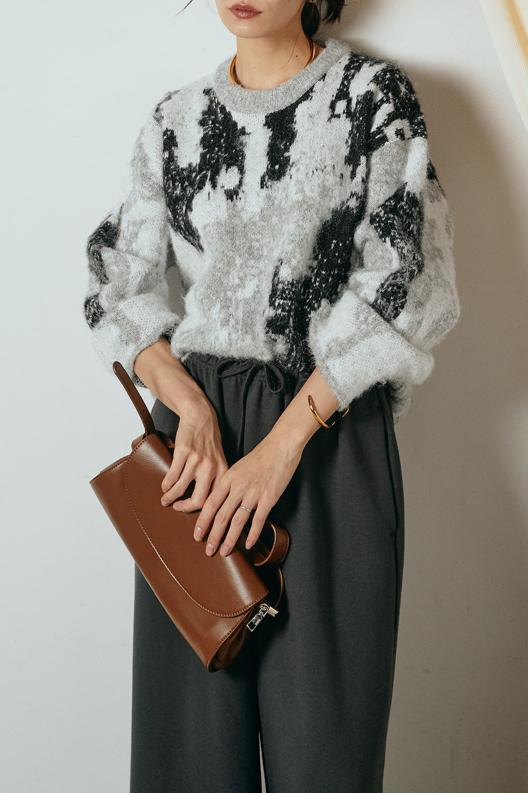 [SET]起毛ニュアンス柄ニットプルオーバー+裏起毛スウェットワイドパンツ(2set)