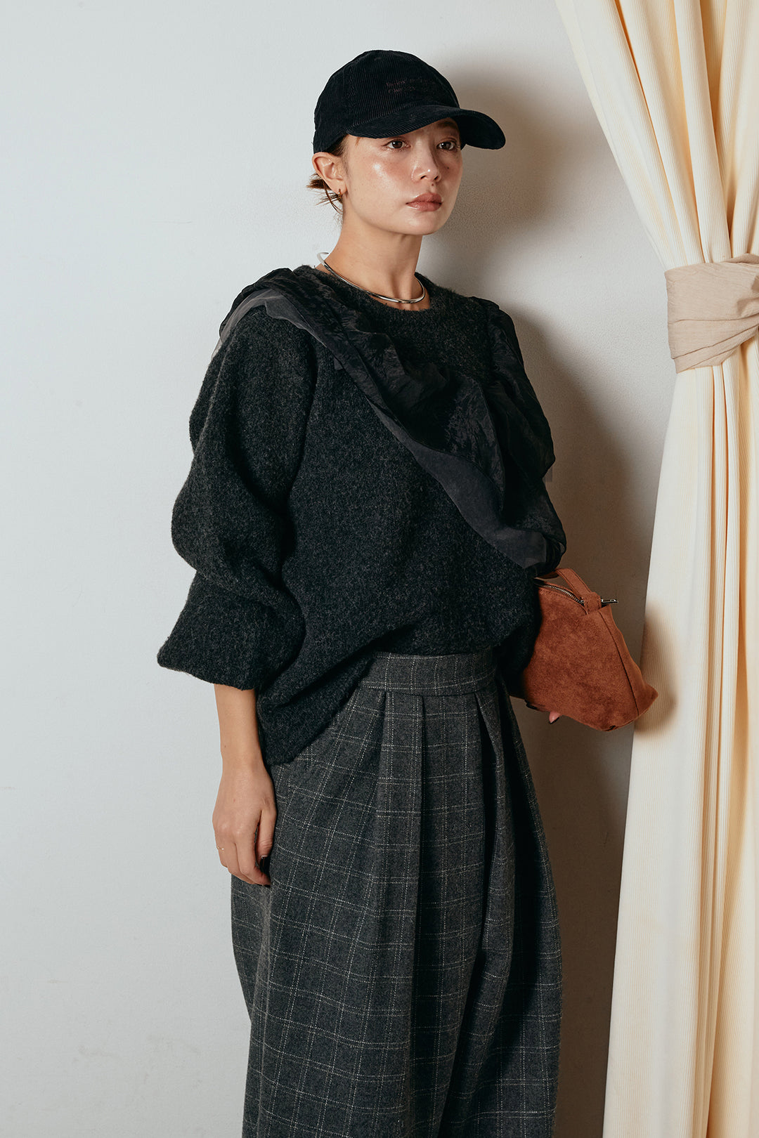 [SET]アシンメトリーフリルニットトップス+ウールライクチェックタックパンツ(2set)