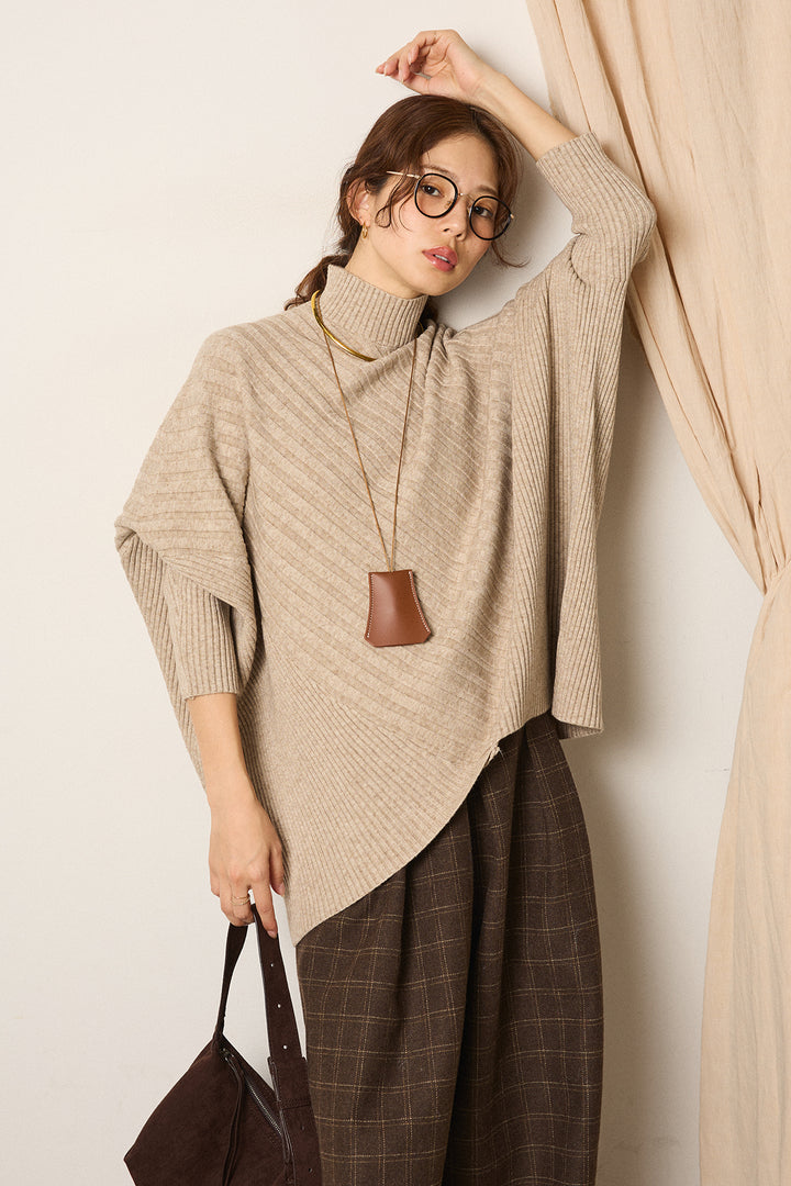 [SET]アシメデザインリブポンチョニットトップス+ウールライクチェックタックパンツ(2set)