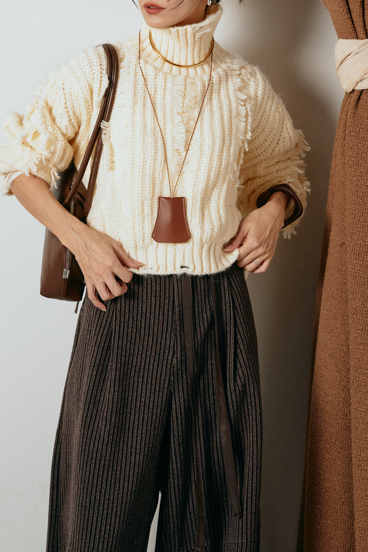 [SET]フリンジタートルショートニット+レザーライク配色ストライプパンツ(2set)