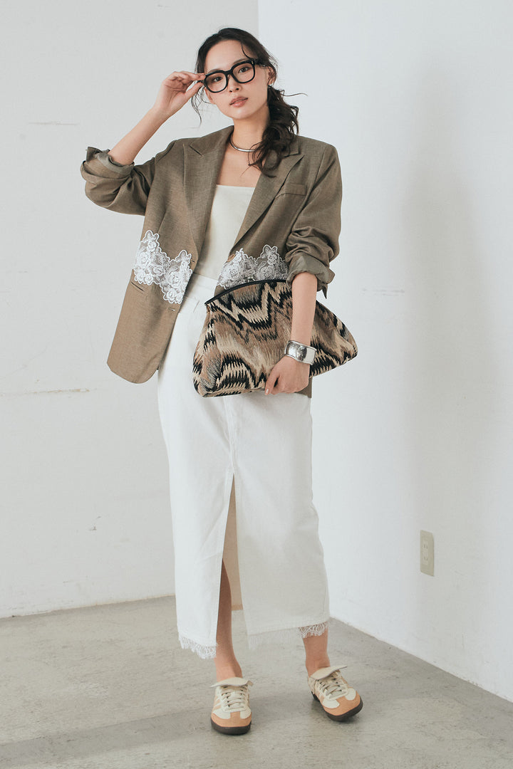 [SET]リネンタッチレースデザインジャケット+裾レースデザインデニムスカート(2set)