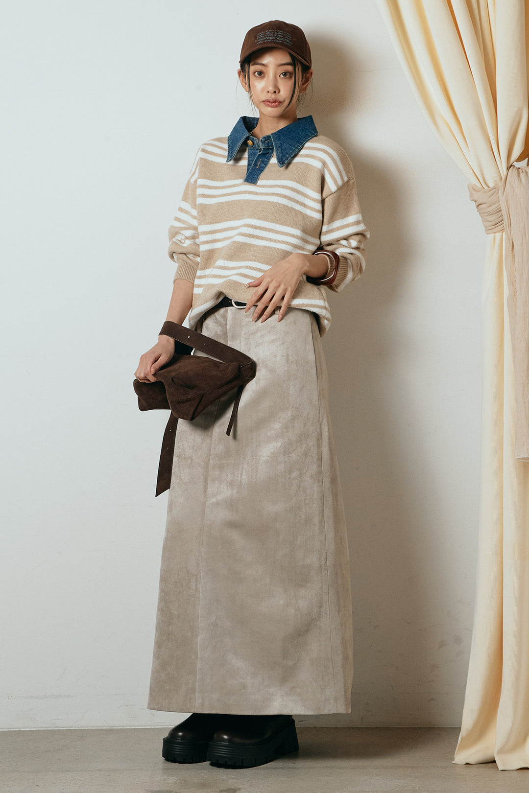 [SET]デニムレイヤード風ランダムボーダーニットプルオーバー+エコスウェードワイドスカート(2set)