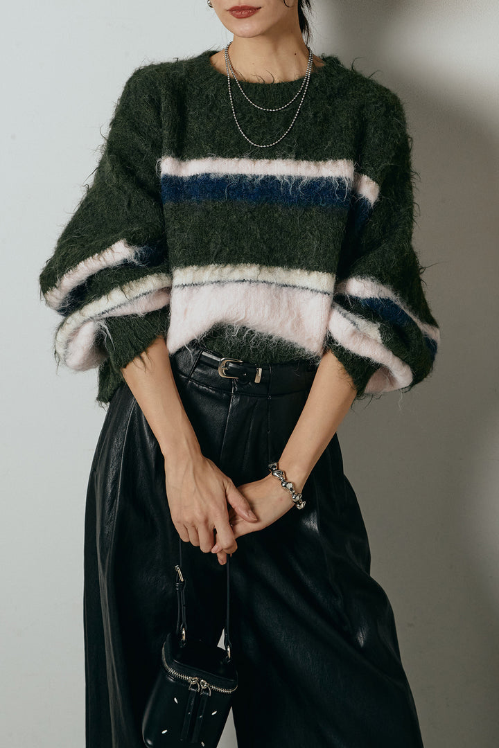 [SET]起毛配色マルチボーダーニットトップス+ベルト付きレザーライクタックパンツ(2set)