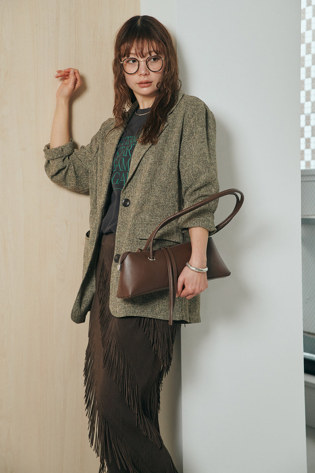 [SET]ミックスツイードベルト付きジャケット+斜めフリンジデザインスカート(2set)