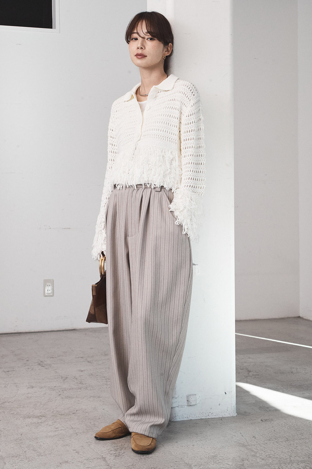 [SET]メッシュフリンジカーディガン+ヘリンボーンストライプツータックパンツ(2set)