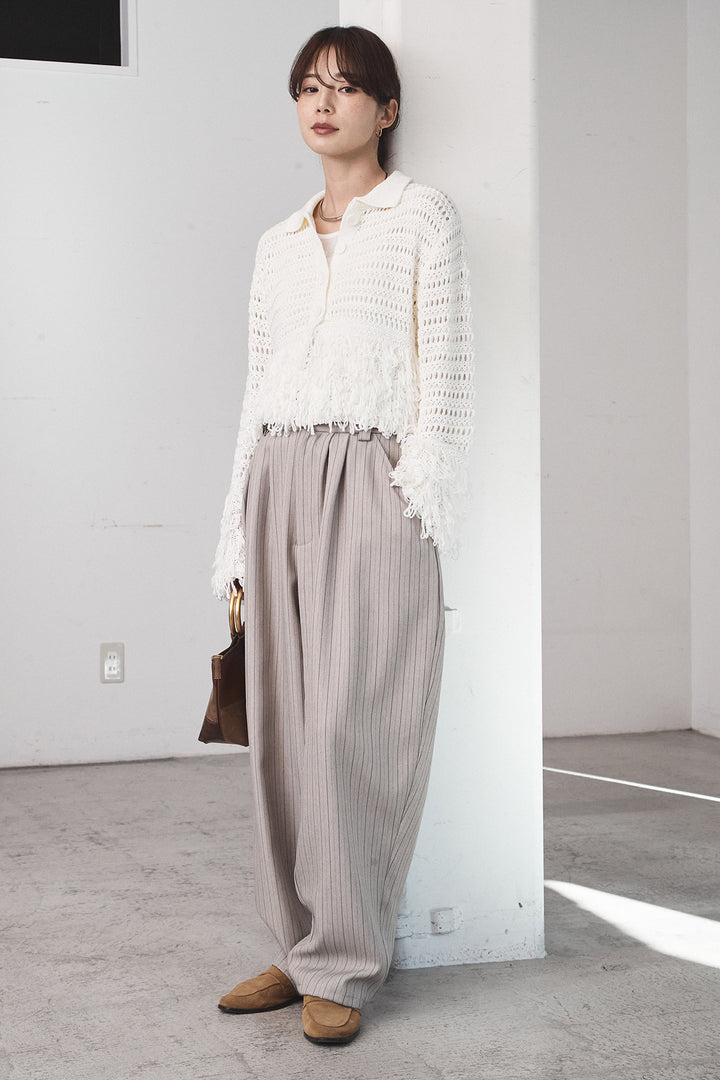 [SET]メッシュフリンジカーディガン+ヘリンボーンストライプツータックパンツ(2set)