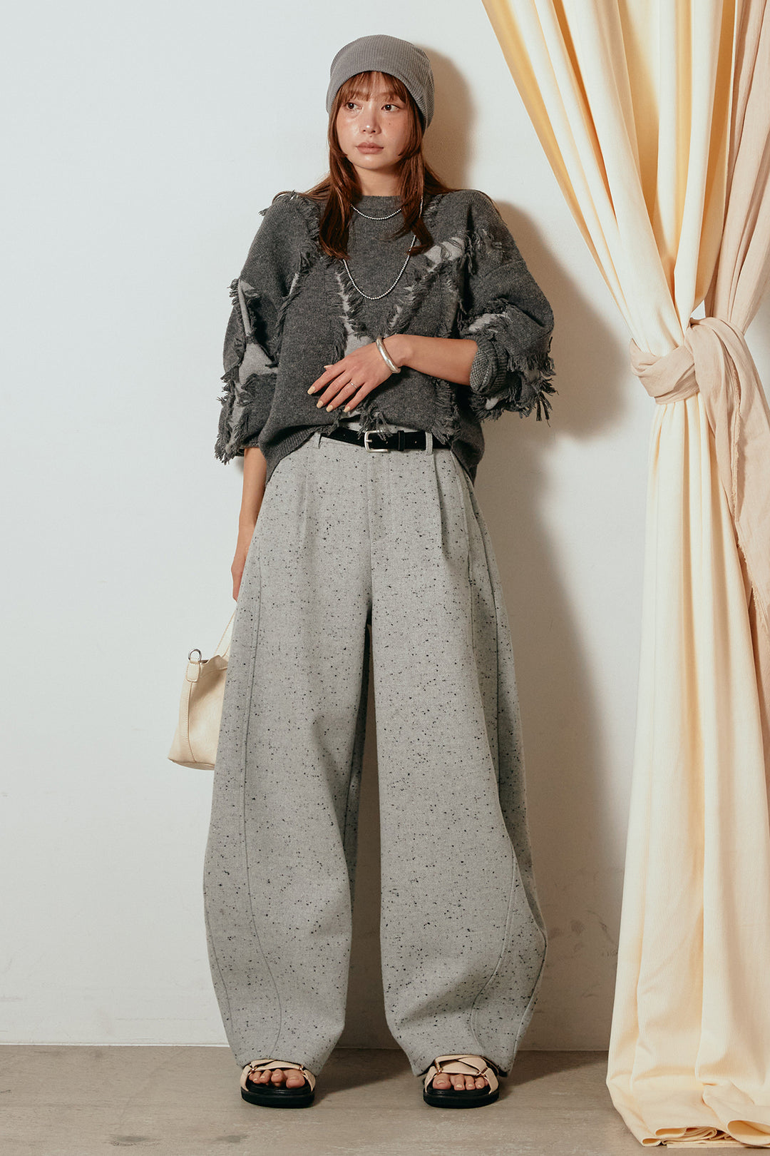 [SET]シャギージャガードニットトップス+ベルト付きネップツイードカーブパンツ(2set)