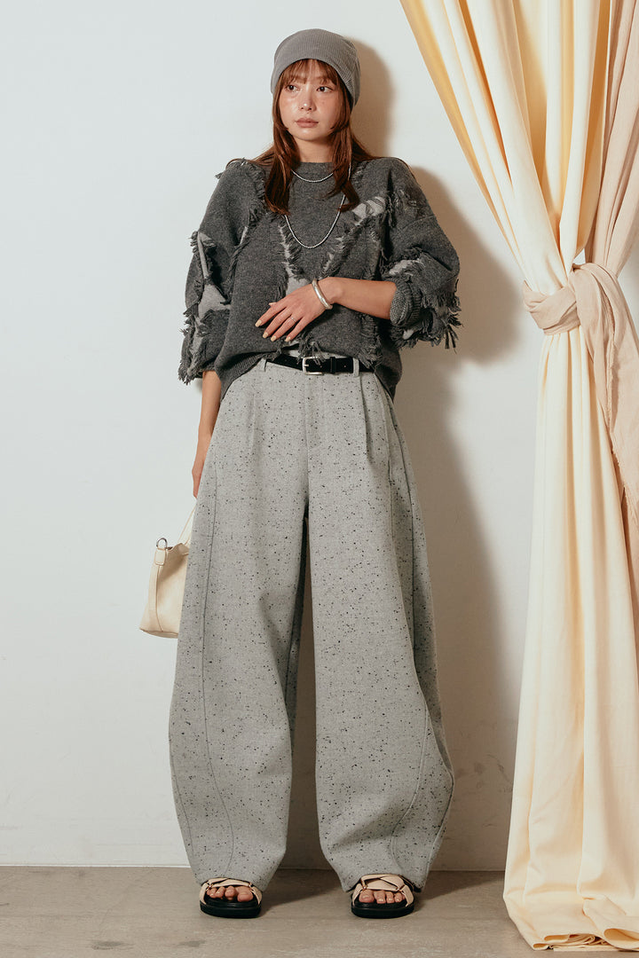 [SET]シャギージャガードニットトップス+ベルト付きネップツイードカーブパンツ(2set)